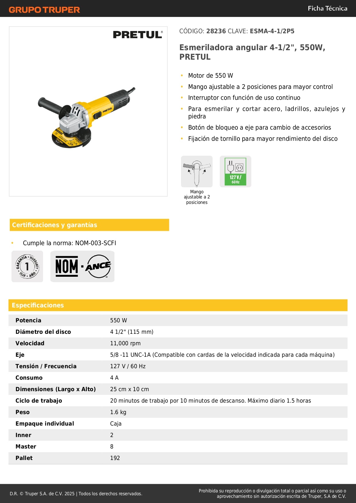 Esmeriladora Angular PRETUL 4-1/2 Pulgadas 550W ESMA-4-1/2P5 - Motor Eficiente Mango Ajustable Uso Continuo