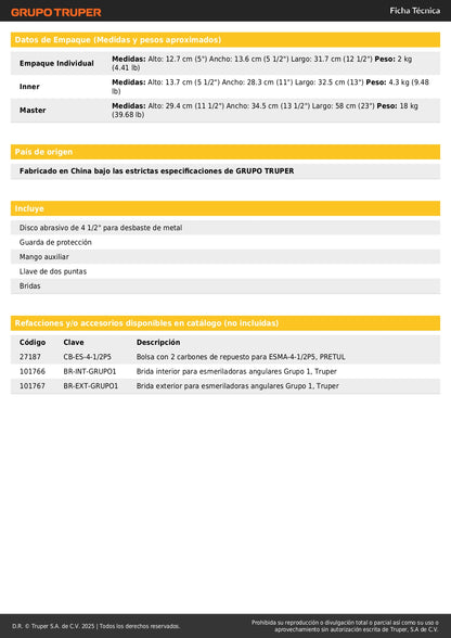 Esmeriladora Angular PRETUL 4-1/2 Pulgadas 550W ESMA-4-1/2P5 - Motor Eficiente Mango Ajustable Uso Continuo