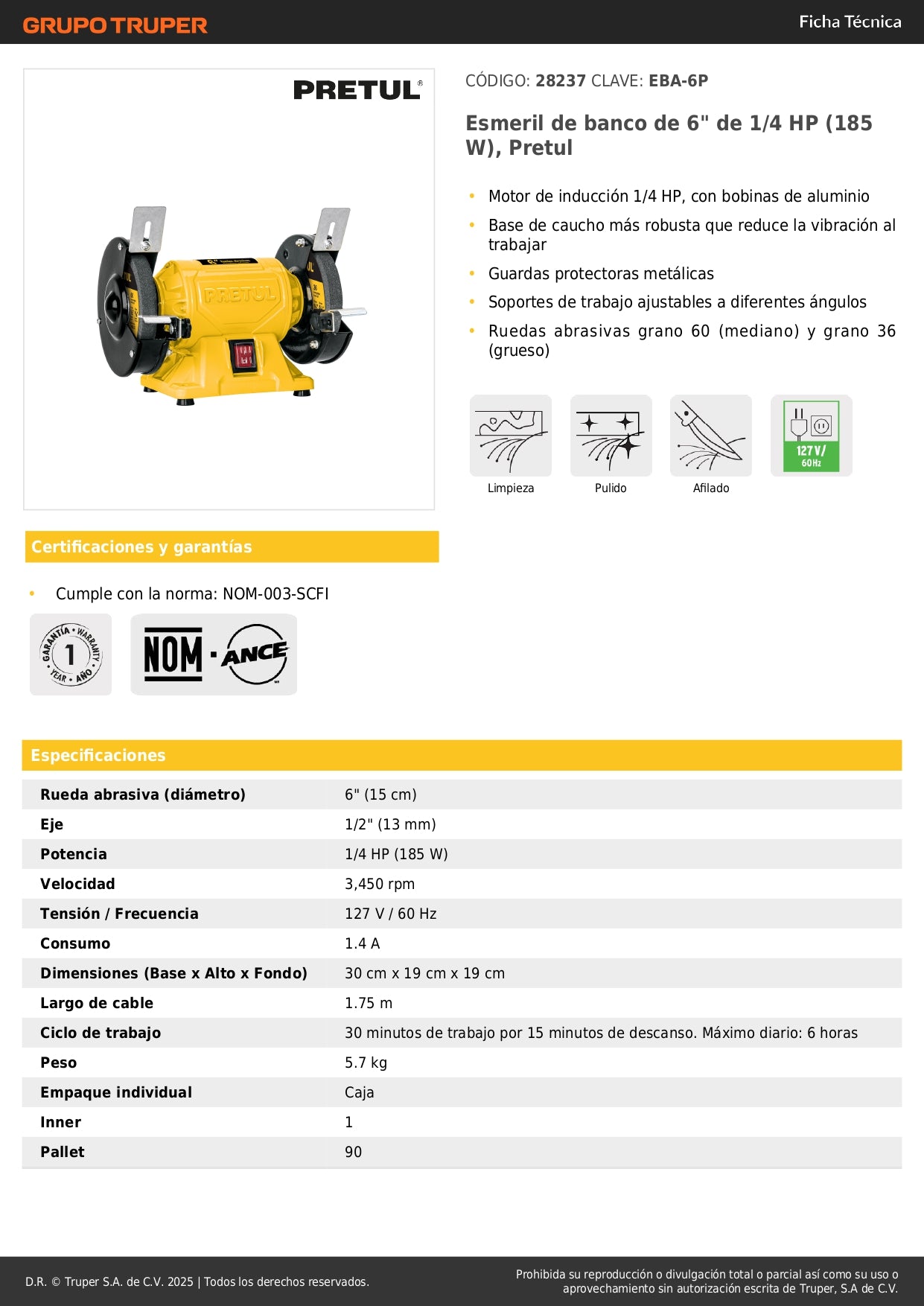 Esmeril de Banco 6 Pulgadas 1/4 HP Pretul EBA-6P - Motor Inducción Profesional para Afilado y Desbaste de Herramientas