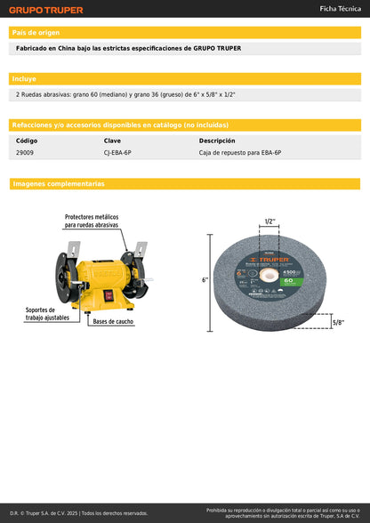 Esmeril de Banco 6 Pulgadas 1/4 HP Pretul EBA-6P - Motor Inducción Profesional para Afilado y Desbaste de Herramientas