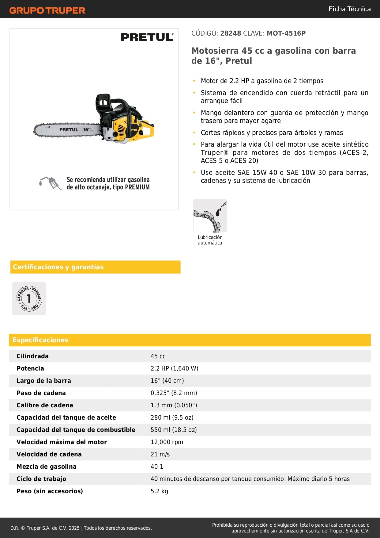 Motosierra Pretul 45cc 16 Pulgadas MOT-4516P - Corte Profesional de Árboles y Ramas con Motor 2.2HP Gasolina