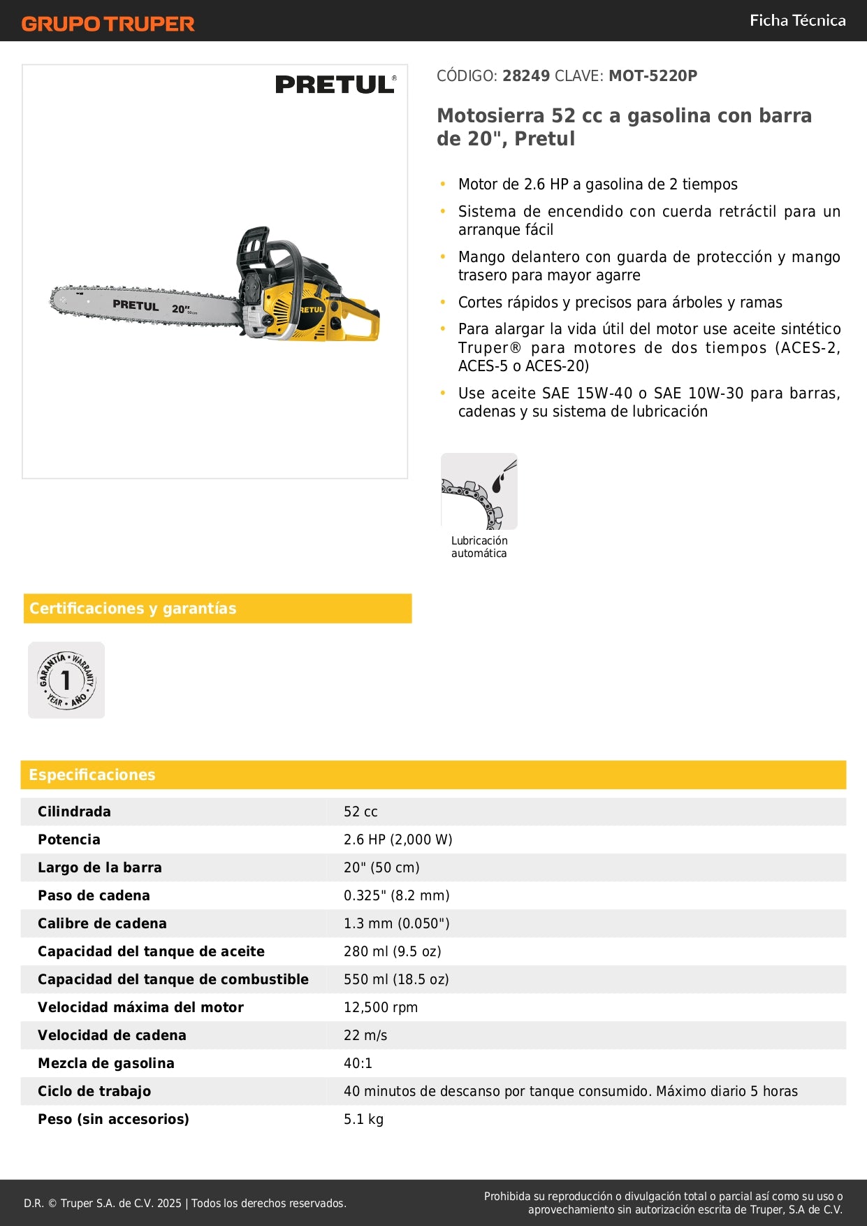 Motosierra Pretul 52cc Gasolina Barra 20 Pulgadas - Corte Profesional Árboles y Poda - Motor 2.6HP Arranque Fácil - MOT-5220P