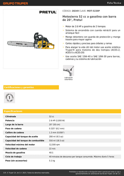 Motosierra Pretul 52cc Gasolina Barra 20 Pulgadas - Corte Profesional Árboles y Poda - Motor 2.6HP Arranque Fácil - MOT-5220P