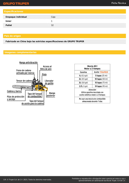 Motosierra Pretul 52cc Gasolina Barra 20 Pulgadas - Corte Profesional Árboles y Poda - Motor 2.6HP Arranque Fácil - MOT-5220P