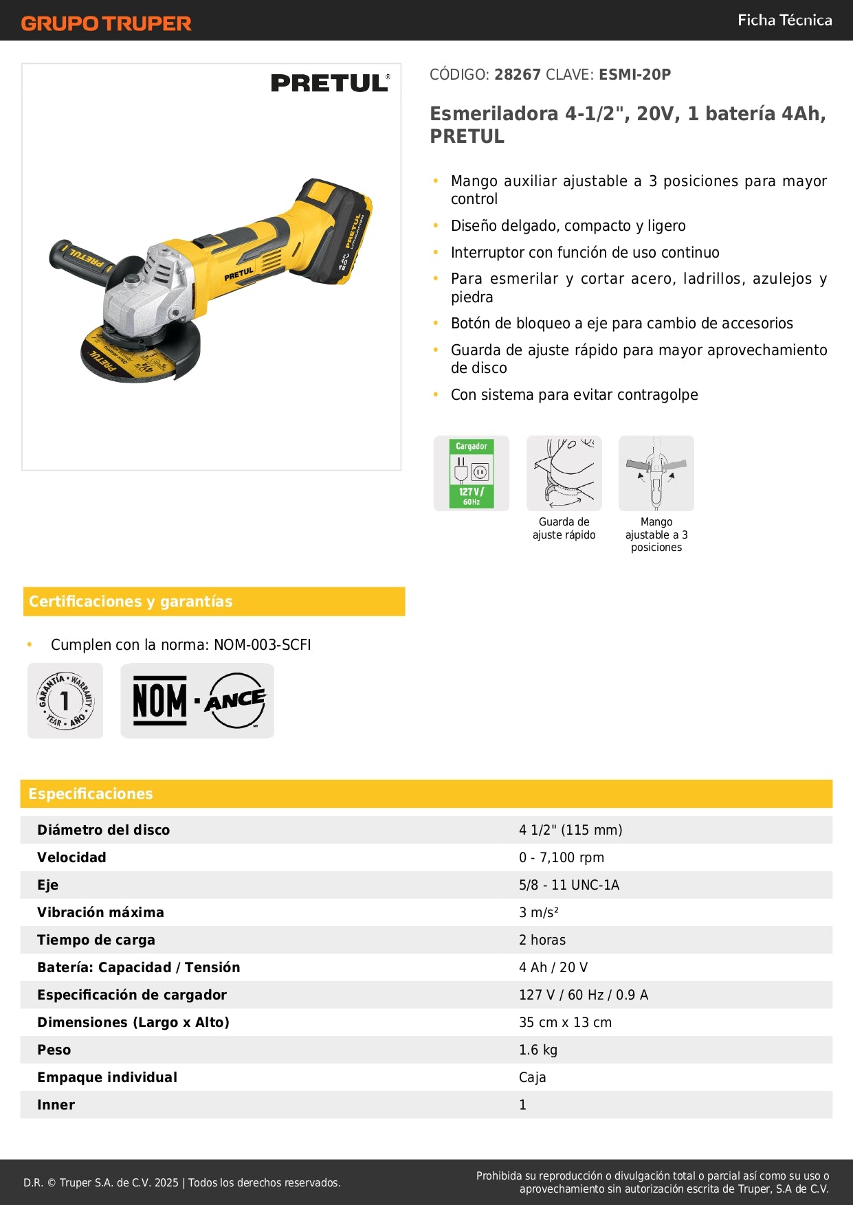 Esmeriladora Angular 4-1/2 Pulgadas 20V Inalámbrica PRETUL con Batería 4Ah - Herramienta Profesional para Corte y Esmerilado