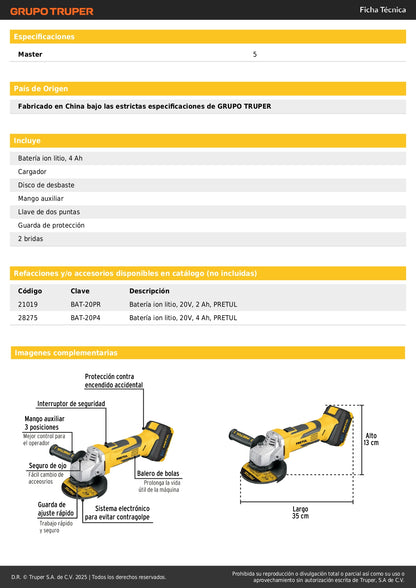 Esmeriladora Angular 4-1/2 Pulgadas 20V Inalámbrica PRETUL con Batería 4Ah - Herramienta Profesional para Corte y Esmerilado