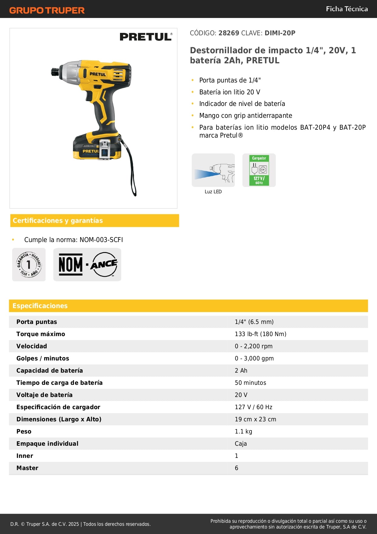 Destornillador de Impacto Inalámbrico PRETUL 20V 1/4" con Batería Ion Litio 2Ah - Herramienta Profesional