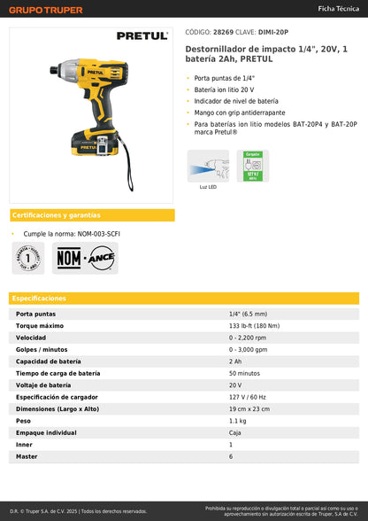 Destornillador de Impacto Inalámbrico PRETUL 20V 1/4" con Batería Ion Litio 2Ah - Herramienta Profesional