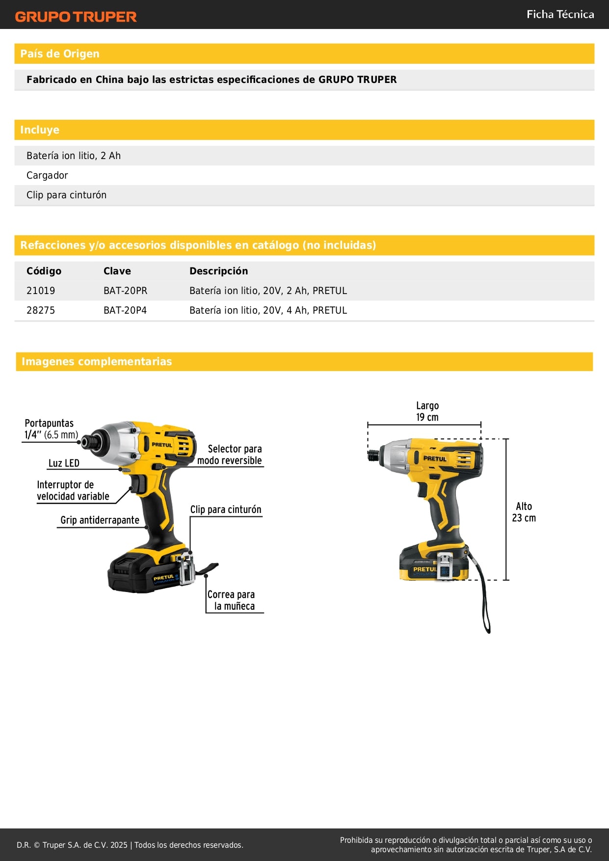 Destornillador de Impacto Inalámbrico PRETUL 20V 1/4" con Batería Ion Litio 2Ah - Herramienta Profesional