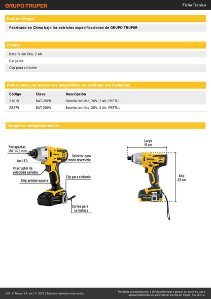 Destornillador de Impacto Inalámbrico PRETUL 20V 1/4" con Batería Ion Litio 2Ah - Herramienta Profesional