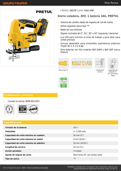 Sierra Caladora Inalámbrica 20V con Batería 2Ah y Guía Láser - PRETUL Profesional