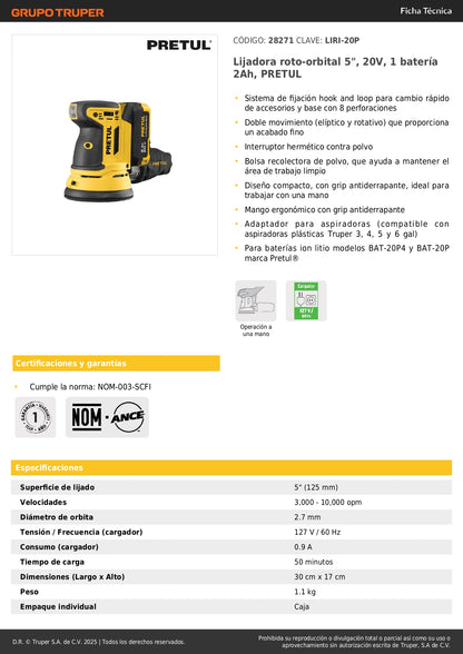 Lijadora Roto-Orbital PRETUL 5 Pulgadas 20V con Batería 2Ah - Sistema Hook and Loop, Doble Movimiento, Bolsa Recolectora