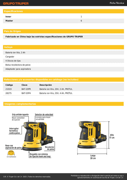 Lijadora Roto-Orbital PRETUL 5 Pulgadas 20V con Batería 2Ah - Sistema Hook and Loop, Doble Movimiento, Bolsa Recolectora