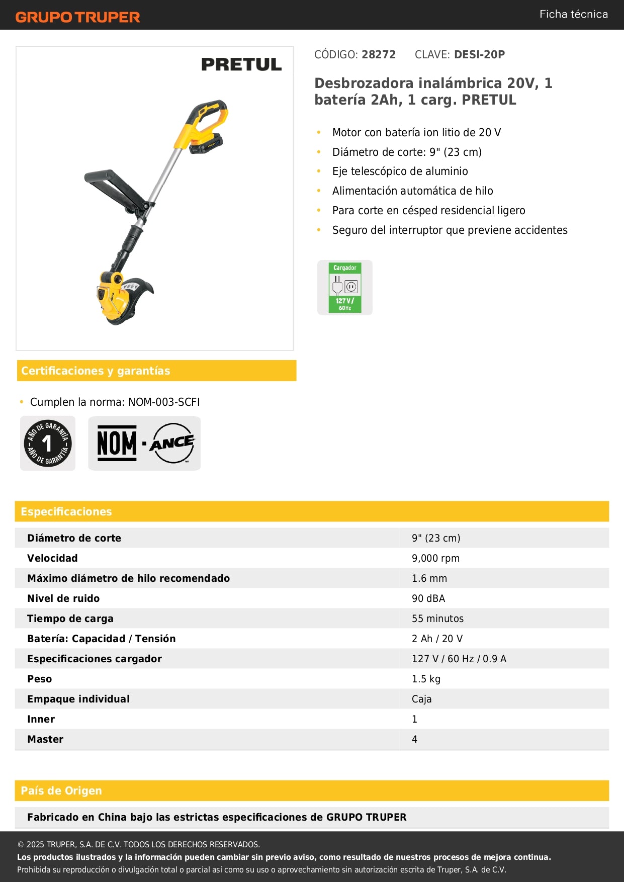 Desbrozadora inalámbrica 20V, 1 batería 2Ah, 1 carg. PRETUL