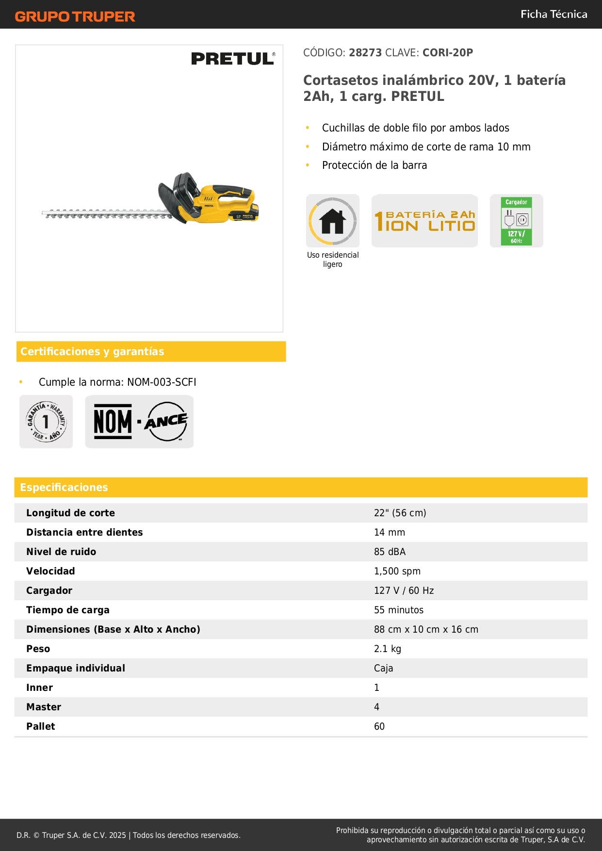 Cortasetos Inalámbrico PRETUL 20V con Batería 2Ah - Cuchillas Doble Filo para Poda Profesional de Setos y Arbustos - Corte Máximo 10mm