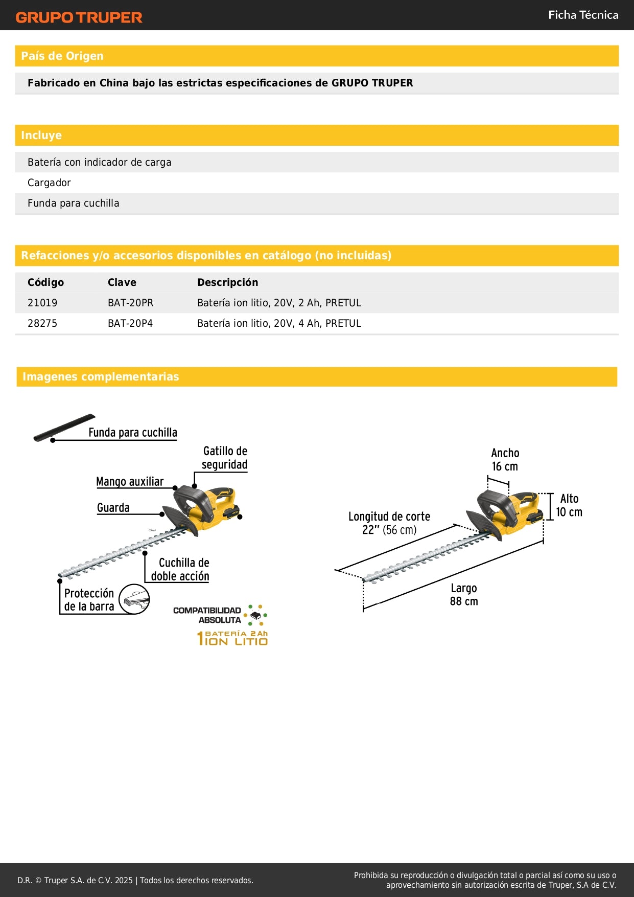 Cortasetos Inalámbrico PRETUL 20V con Batería 2Ah - Cuchillas Doble Filo para Poda Profesional de Setos y Arbustos - Corte Máximo 10mm