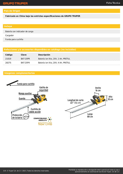 Cortasetos Inalámbrico PRETUL 20V con Batería 2Ah - Cuchillas Doble Filo para Poda Profesional de Setos y Arbustos - Corte Máximo 10mm