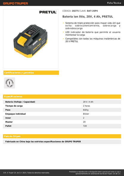 : Batería Ion Litio 20V 4Ah PRETUL - Triple Protección, LED Indicador, Compatible Herramientas Inalámbricas 20V