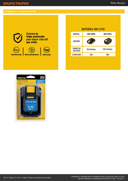 : Batería Ion Litio 20V 4Ah PRETUL - Triple Protección, LED Indicador, Compatible Herramientas Inalámbricas 20V