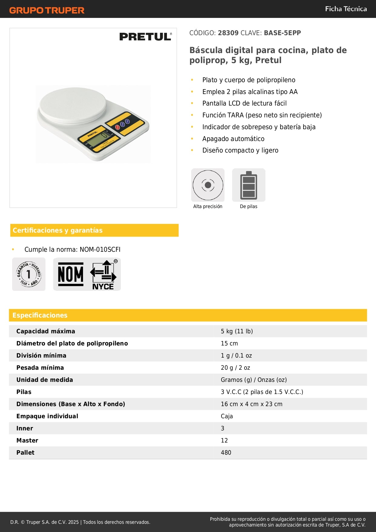 Báscula Digital Cocina 5kg Pretul BASE-5EPP - Plato Polipropileno, Pantalla LCD, Función TARA - Solución Precisa para Pesado Profesional