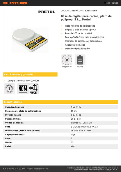 Báscula Digital Cocina 5kg Pretul BASE-5EPP - Plato Polipropileno, Pantalla LCD, Función TARA - Solución Precisa para Pesado Profesional