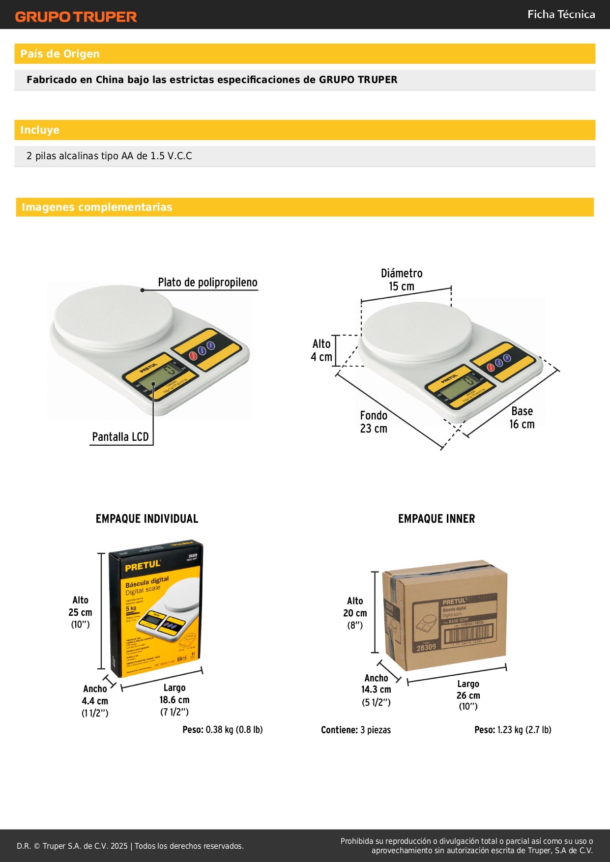 Báscula Digital Cocina 5kg Pretul BASE-5EPP - Plato Polipropileno, Pantalla LCD, Función TARA - Solución Precisa para Pesado Profesional