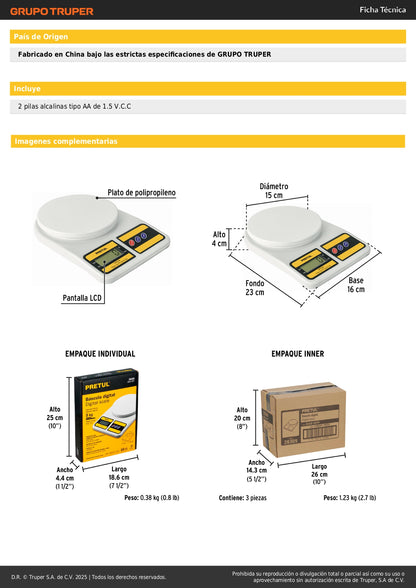 Báscula Digital Cocina 5kg Pretul BASE-5EPP - Plato Polipropileno, Pantalla LCD, Función TARA - Solución Precisa para Pesado Profesional