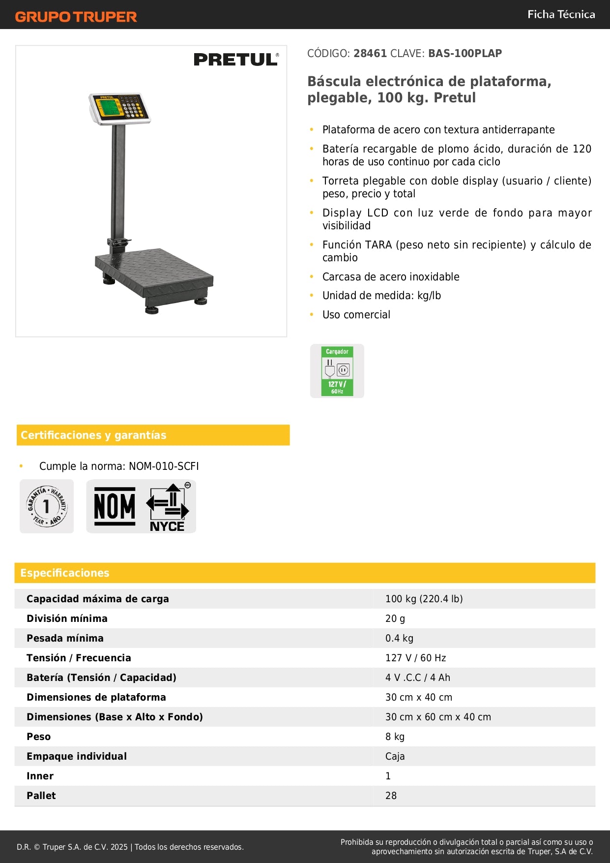 Báscula Electrónica Comercial Plegable 100kg Pretul BAS-100PLAP - Plataforma Antiderrapante con Doble Display y Batería 120hrs - Solución Profesional para Pesaje Comercial Preciso