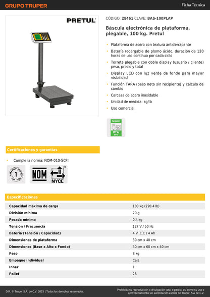 Báscula Electrónica Comercial Plegable 100kg Pretul BAS-100PLAP - Plataforma Antiderrapante con Doble Display y Batería 120hrs - Solución Profesional para Pesaje Comercial Preciso
