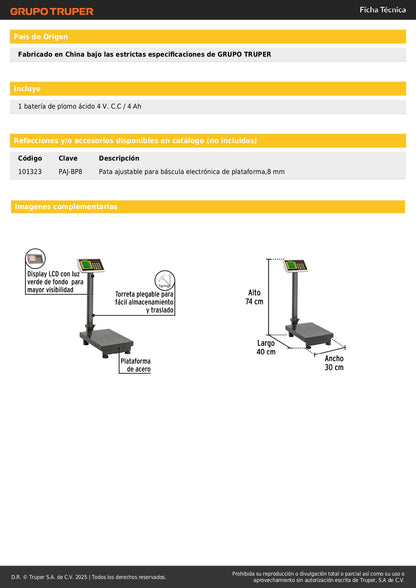 Báscula Electrónica Comercial Plegable 100kg Pretul BAS-100PLAP - Plataforma Antiderrapante con Doble Display y Batería 120hrs - Solución Profesional para Pesaje Comercial Preciso