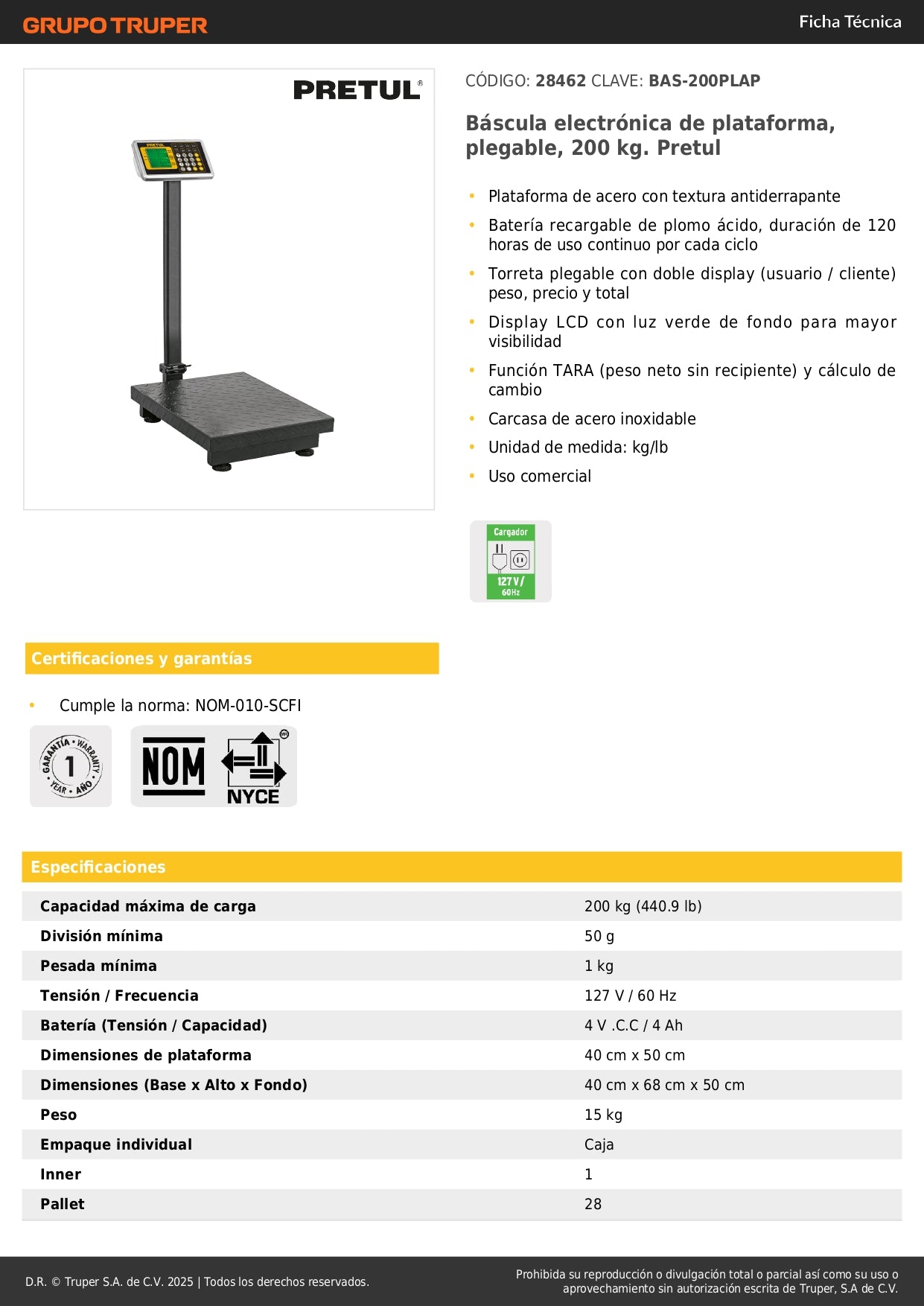 Báscula Electrónica Comercial 200kg Plegable BAS-200PLAP - Solución Profesional para Pesaje Preciso con Doble Display y Batería 120hrs - Pretul