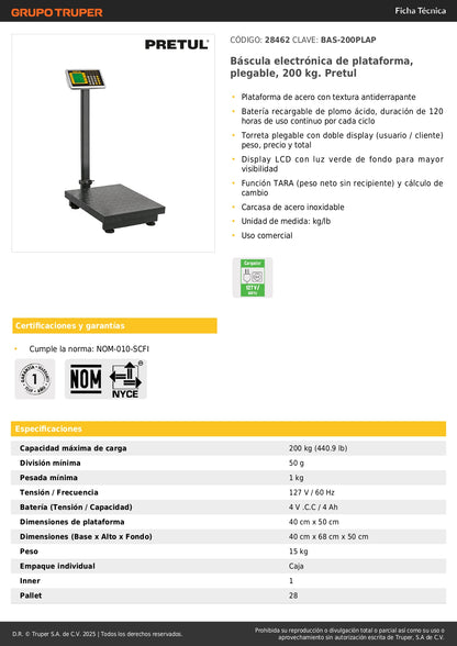 Báscula Electrónica Comercial 200kg Plegable BAS-200PLAP - Solución Profesional para Pesaje Preciso con Doble Display y Batería 120hrs - Pretul