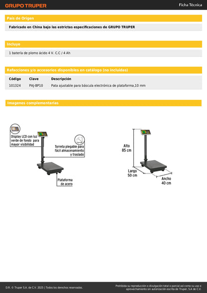 Báscula Electrónica Comercial 200kg Plegable BAS-200PLAP - Solución Profesional para Pesaje Preciso con Doble Display y Batería 120hrs - Pretul