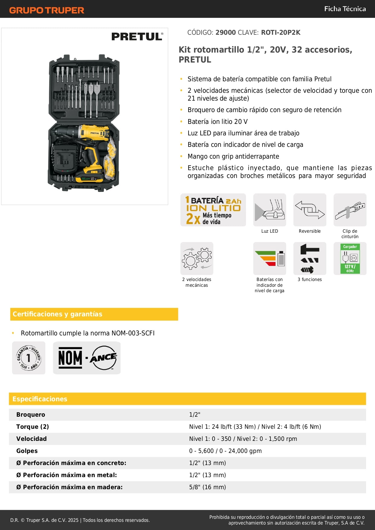 Rotomartillo PRETUL 1/2 Pulgada 20V Ion Litio con 32 Accesorios - Kit Completo Taladro Percutor Inalámbrico