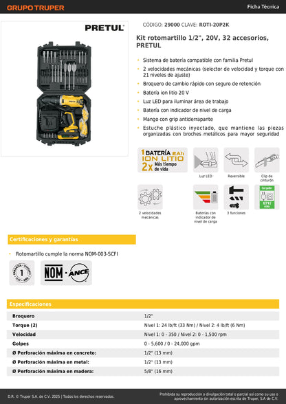 Rotomartillo PRETUL 1/2 Pulgada 20V Ion Litio con 32 Accesorios - Kit Completo Taladro Percutor Inalámbrico