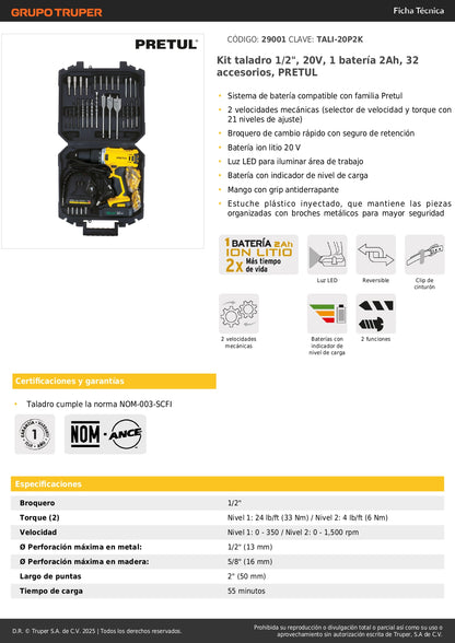 Kit Taladro Inalámbrico 1/2" 20V PRETUL con 32 Accesorios y Batería 2Ah - Herramienta Profesional