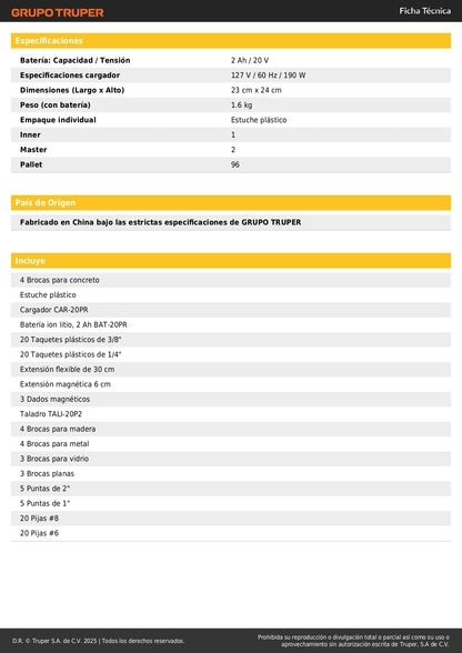 Kit Taladro Inalámbrico 1/2" 20V PRETUL con 32 Accesorios y Batería 2Ah - Herramienta Profesional