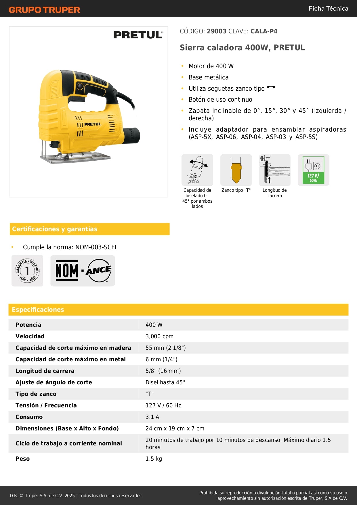 Sierra Caladora Profesional PRETUL 400W con Base Metálica y Zapata Inclinable - Cortes Precisos en Madera, Metal y Plástico - CALA-P4