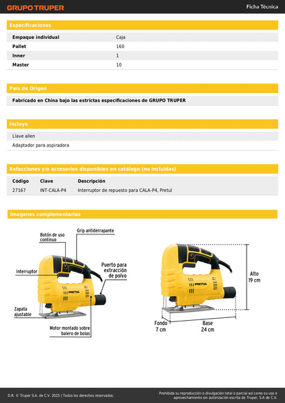 Sierra Caladora Profesional PRETUL 400W con Base Metálica y Zapata Inclinable - Cortes Precisos en Madera, Metal y Plástico - CALA-P4
