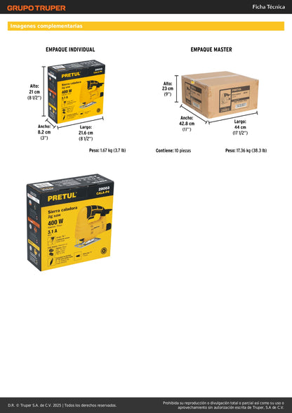 Sierra Caladora Profesional PRETUL 400W con Base Metálica y Zapata Inclinable - Cortes Precisos en Madera, Metal y Plástico - CALA-P4