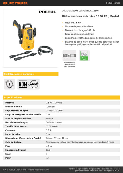 Hidrolavadora eléctrica 1350 PSI, Pretul