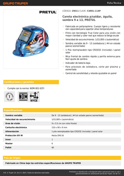 Careta Electrónica Soldadura Automática PRETUL Águila - Sombra Variable 9-13 - Protección Profesional Anti-Fatiga Ocular