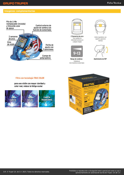 Careta Electrónica Soldadura Automática PRETUL Águila - Sombra Variable 9-13 - Protección Profesional Anti-Fatiga Ocular