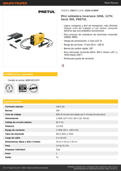 Mini Soldadora Inversora PRETUL 100A 127V Serie 300 - Solución Portátil para Soldadura Profesional SMAW-MMA - Modelo SOIN-310MP