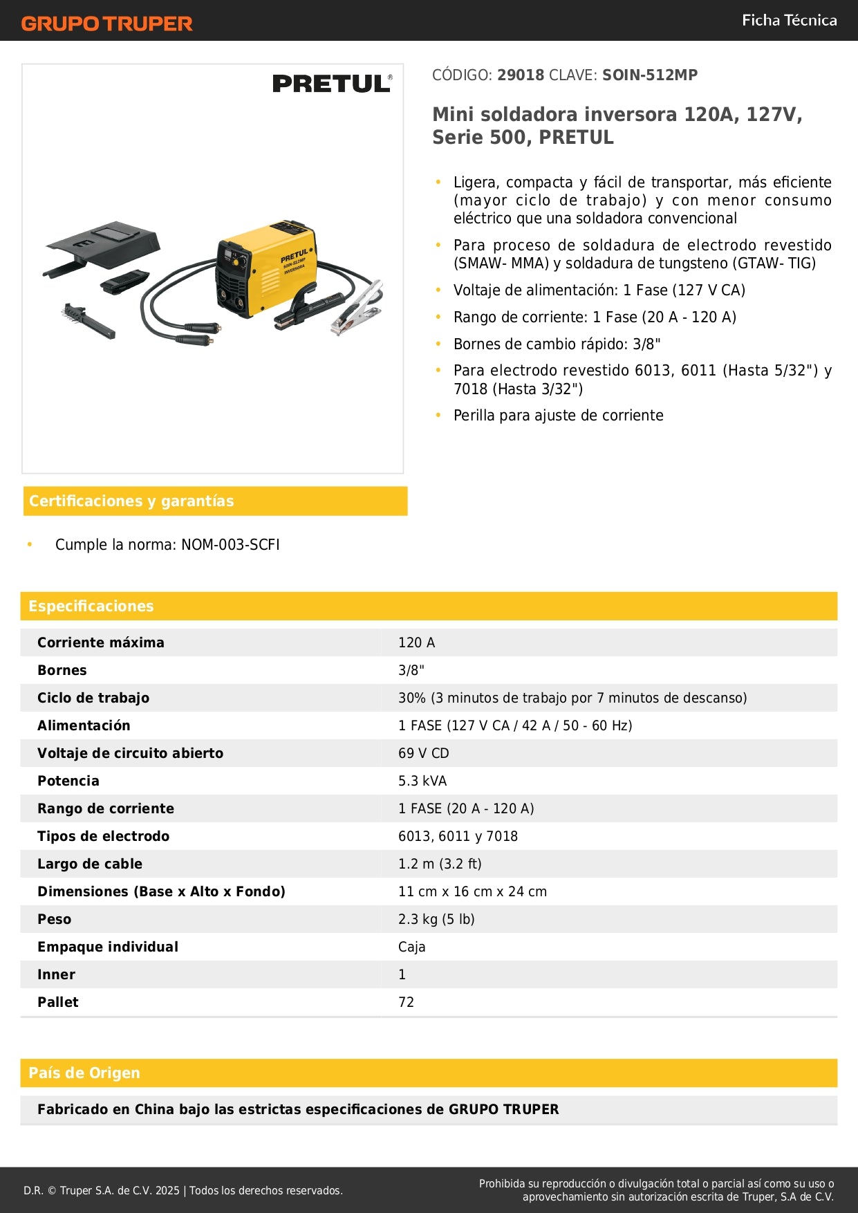 Mini Soldadora Inversora PRETUL 120A 127V Serie 500 - Compacta y Eficiente para Electrodo y TIG