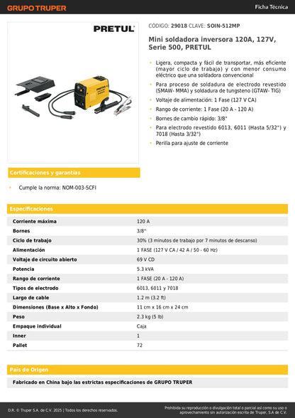 Mini Soldadora Inversora PRETUL 120A 127V Serie 500 - Compacta y Eficiente para Electrodo y TIG