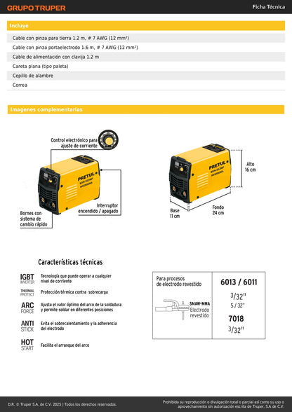 Mini Soldadora Inversora PRETUL 120A 127V Serie 500 - Compacta y Eficiente para Electrodo y TIG