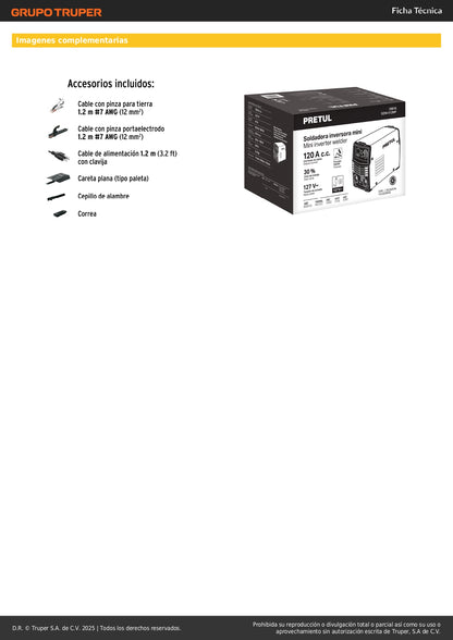 Mini Soldadora Inversora PRETUL 120A 127V Serie 500 - Compacta y Eficiente para Electrodo y TIG