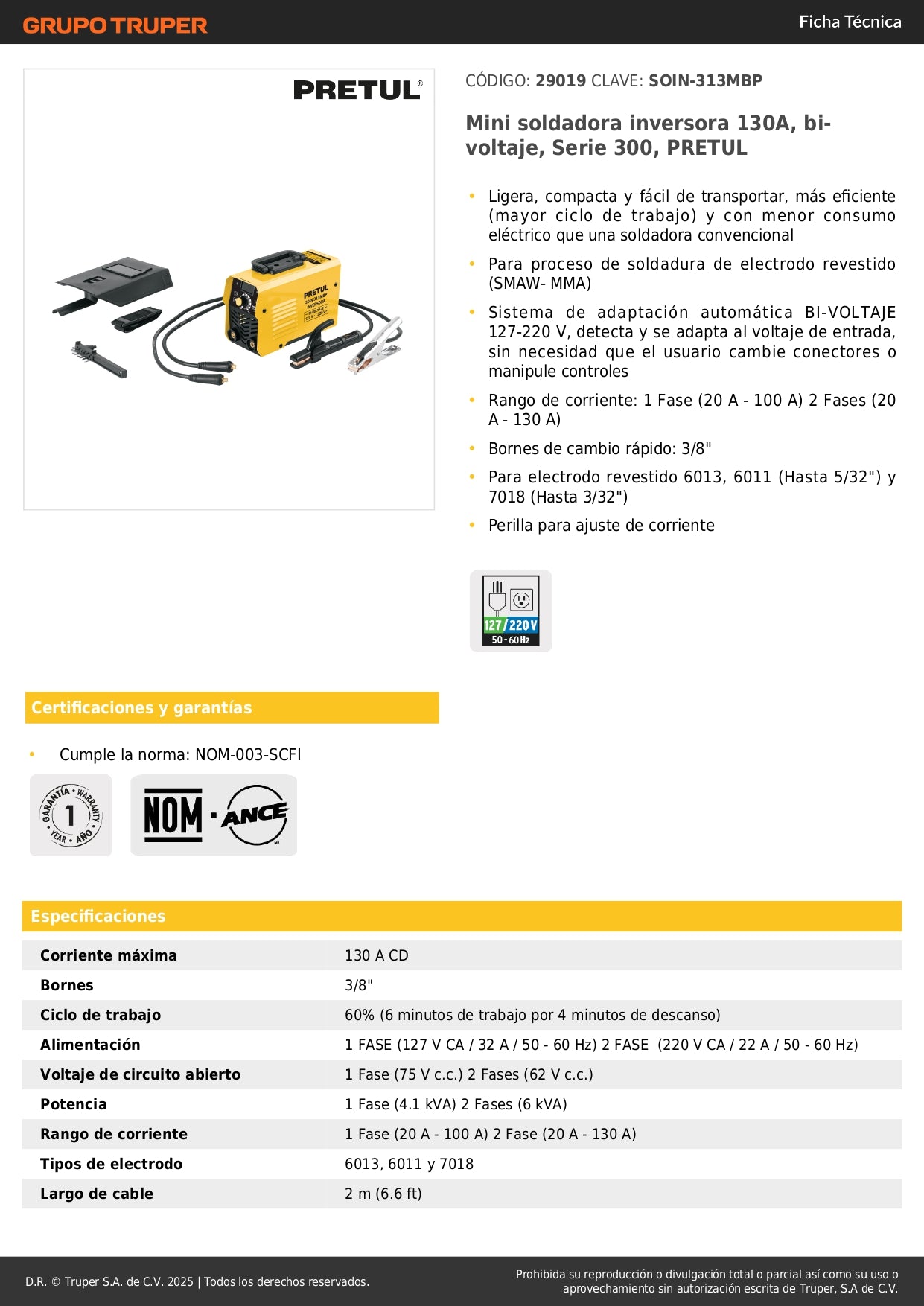Mini Soldadora Inversora 130A Bivoltaje PRETUL SOIN-313MBP - Portátil Profesional para Electrodo Revestido SMAW MMA