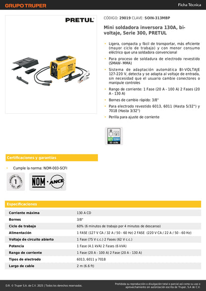 Mini Soldadora Inversora 130A Bivoltaje PRETUL SOIN-313MBP - Portátil Profesional para Electrodo Revestido SMAW MMA